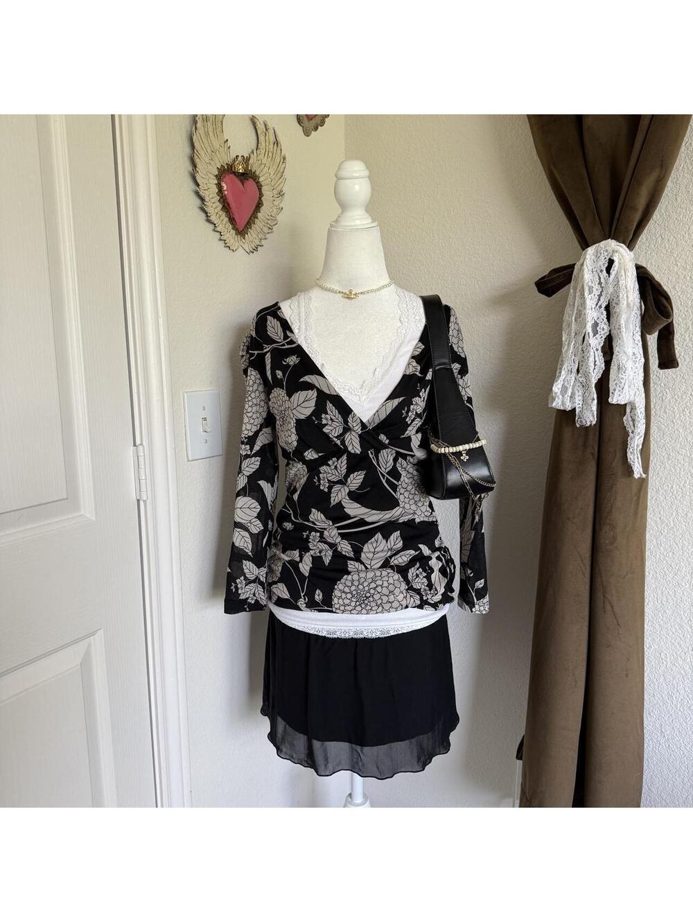 Worthington Whimsical Wrap Detail Floral V Neck Blouse
